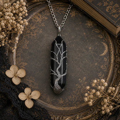 Black Obsidian Stone Tree of Life Wire Wrapped necklace, Protective Healing Stones, Wire Wrapped Jewelry