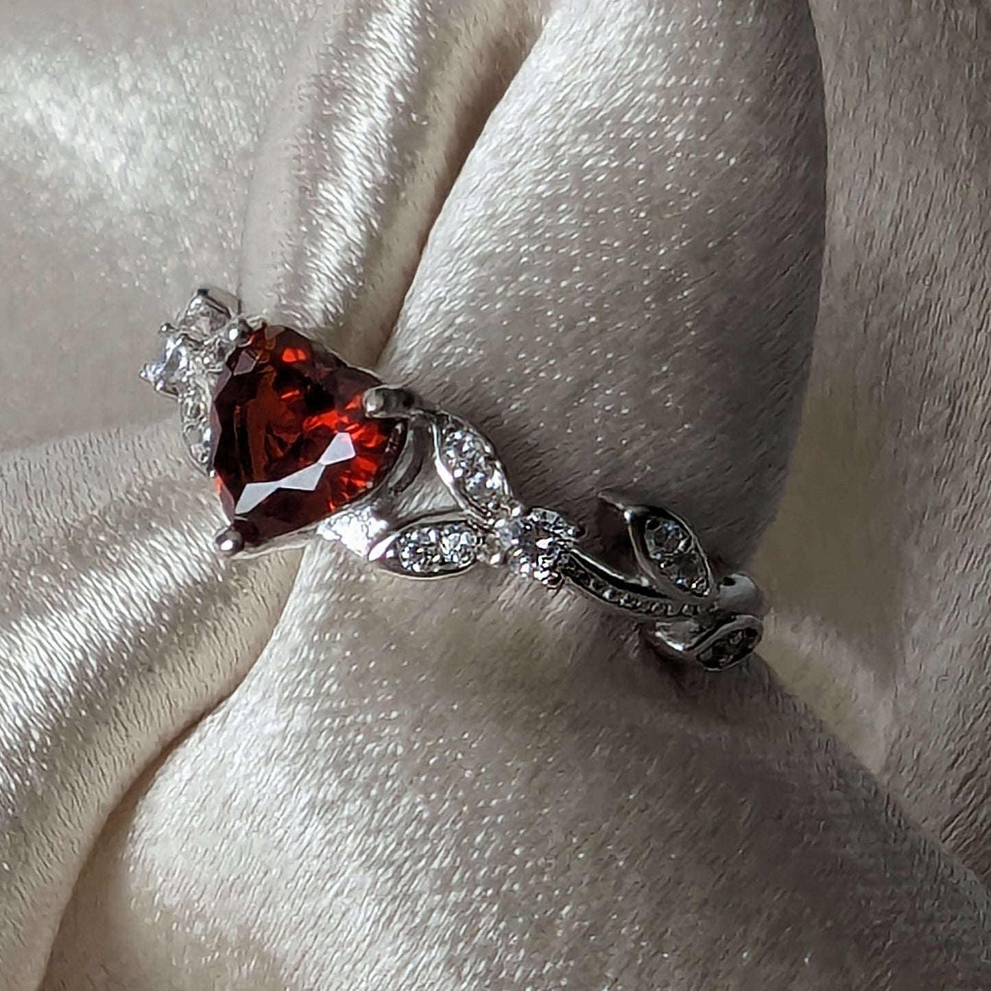 CZ Red Garnet Heart Shaped Engagement Rings in White or Rose Gold, Promise Ring, January Birthstone Ring