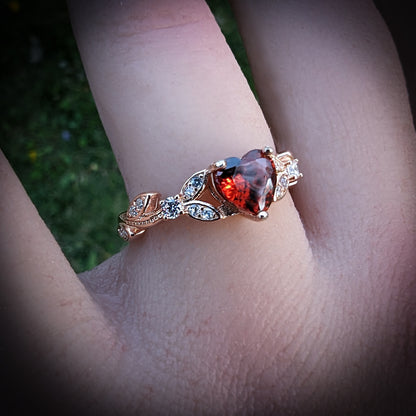 CZ Red Garnet Heart Shaped Engagement Rings in White or Rose Gold, Promise Ring, January Birthstone Ring