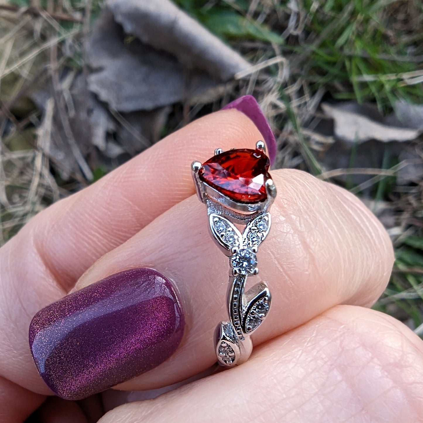 CZ Red Garnet Heart Shaped Engagement Rings in White or Rose Gold, Promise Ring, January Birthstone Ring