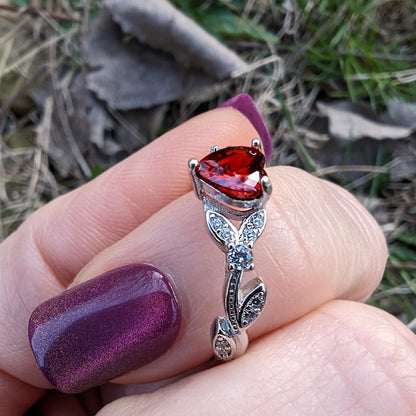 CZ Red Garnet Heart Shaped Engagement Rings in White or Rose Gold, Promise Ring, January Birthstone Ring