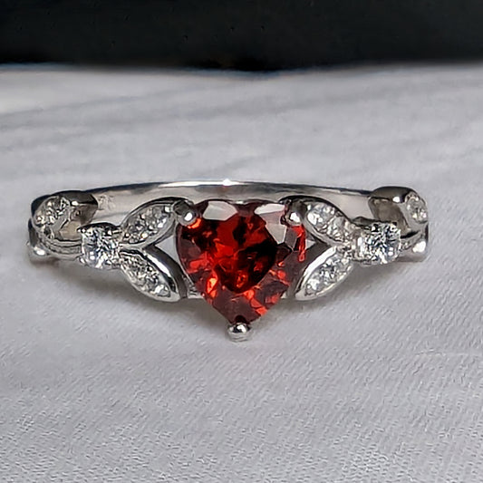 CZ Red Garnet Heart Shaped Engagement Rings in White or Rose Gold, Promise Ring, January Birthstone Ring