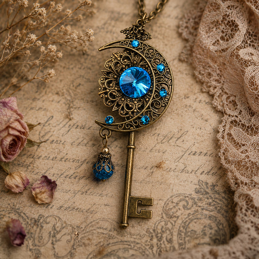Decorative key-shaped necklace with blue gemstones on an old paper.  Celestial Moon Key Necklace – Fantasy Fairycore Jewelry with Blue Crystals