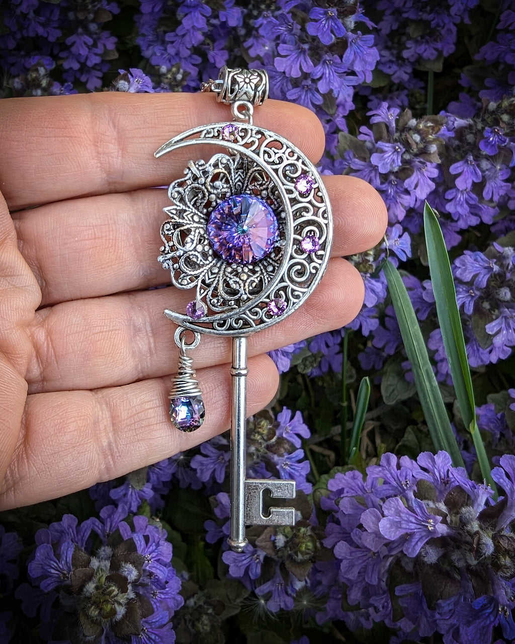 Crescent Moon fantasy key necklace with Pink and Purple Swarovski crys