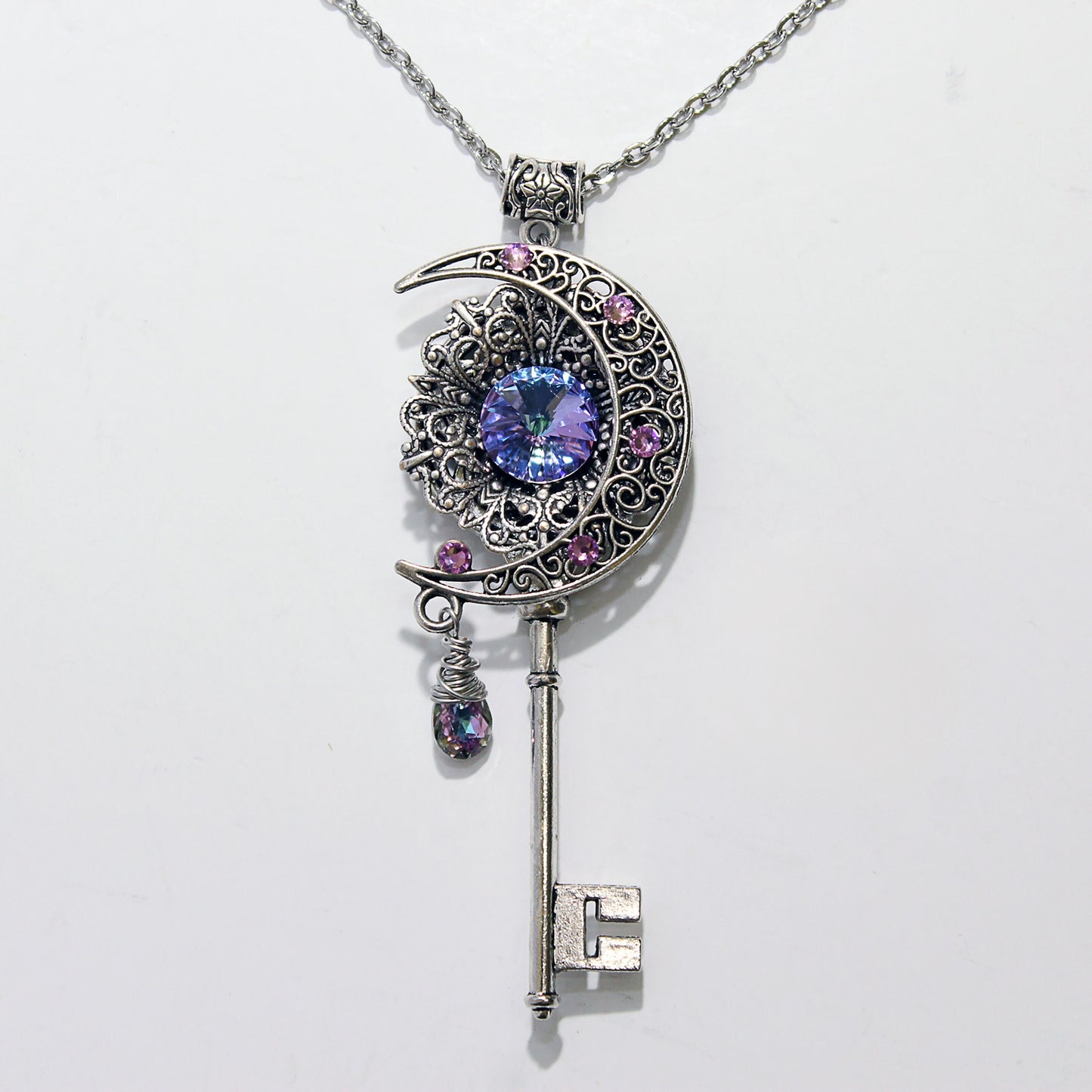 Magical Silver fantasy Moon key necklace with Pink and Purple Vitrail Swarovski crystals, Unique Fantasy Jewelry Gift, Fairy Jewelry.  Magical jewelry