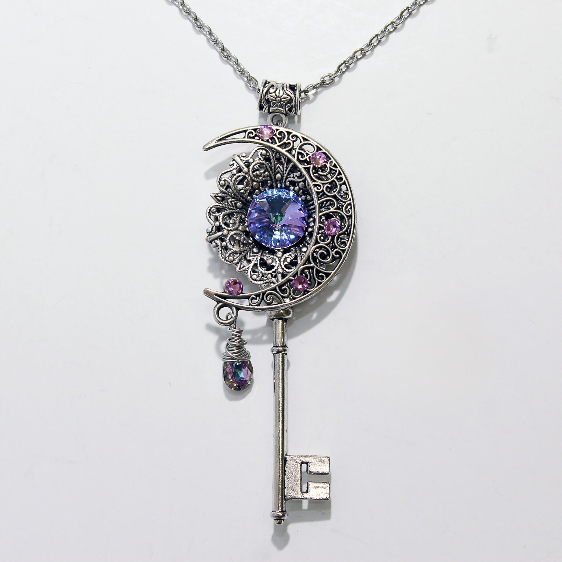 Magical Silver fantasy Moon key necklace with Pink and Purple Vitrail Swarovski crystals, Unique Fantasy Jewelry Gift, Fairy Jewelry.  Magical jewelry