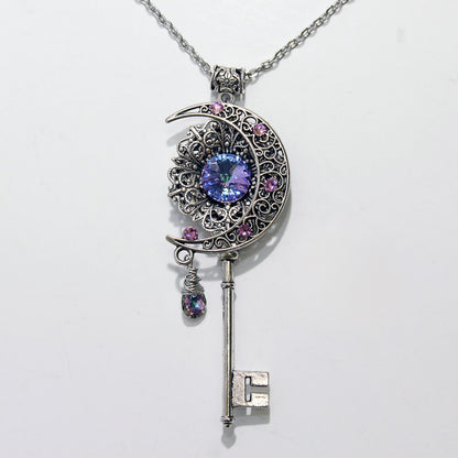 Magical Silver fantasy Moon key necklace with Pink and Purple Vitrail Swarovski crystals, Unique Fantasy Jewelry Gift, Fairy Jewelry.  Magical jewelry