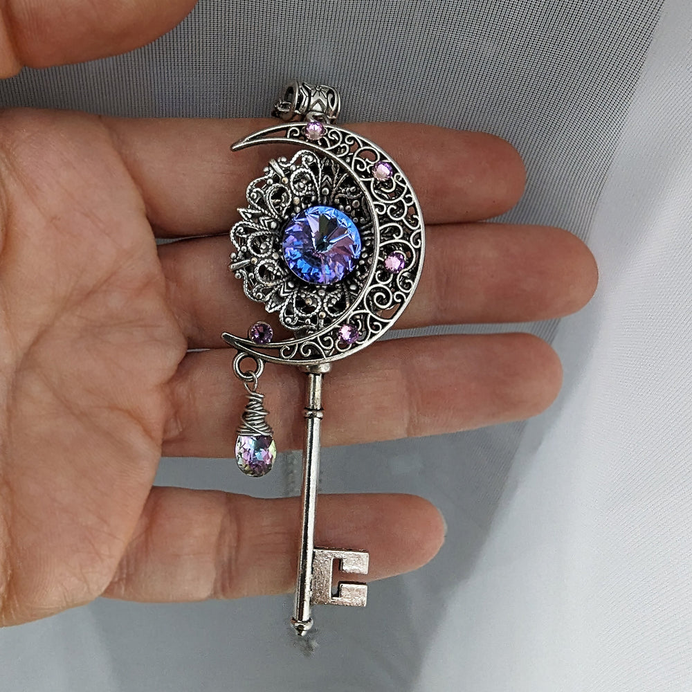 Crescent Moon fantasy key necklace with Pink and Purple Swarovski crystals Fairy Jewelry Magical Jewelry