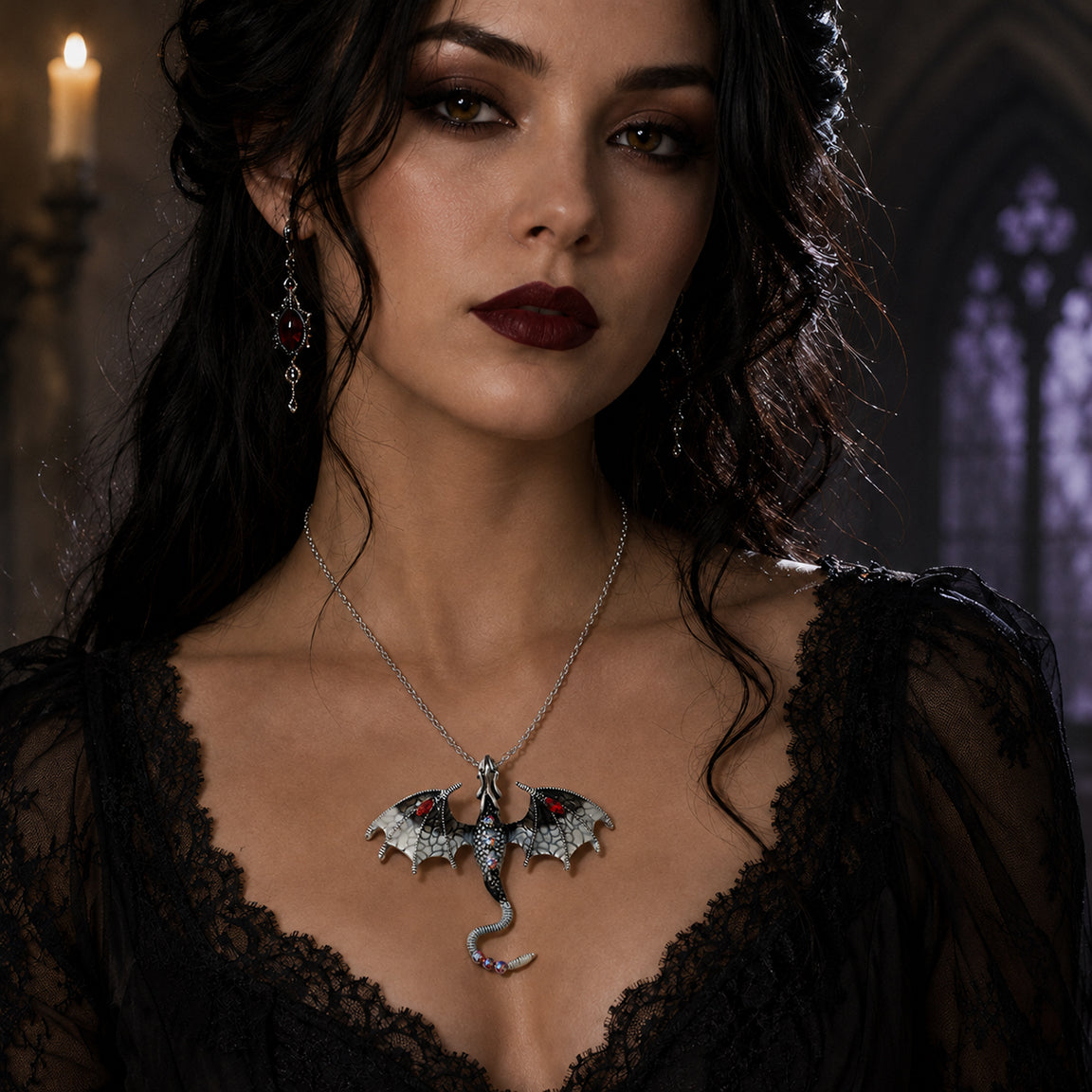 Gothic Woman wearing a dragon necklace in a dark, gothic setting