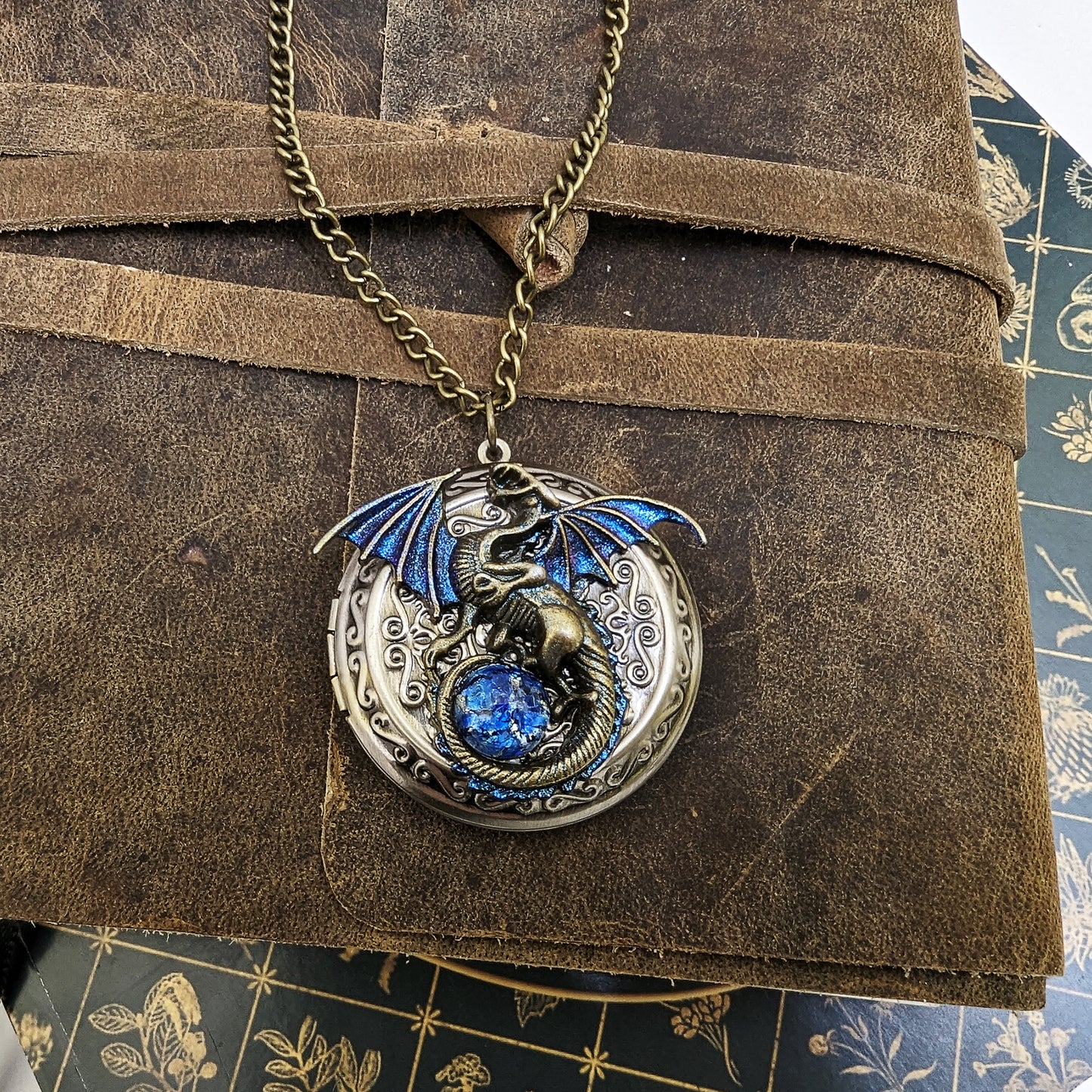 Dragon Necklace Locket with blue opal replica, Fantasy jewelry, Unique Handmade Jewelry
