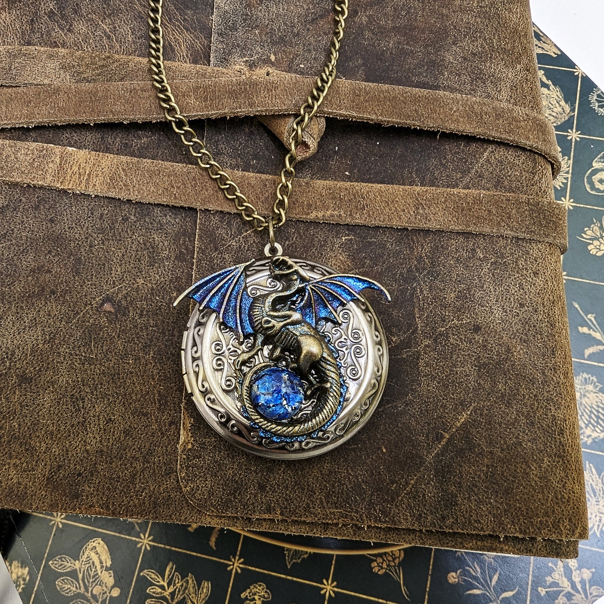 Dragon Necklace Locket with blue opal replica, Fantasy jewelry, Unique Handmade Jewelry