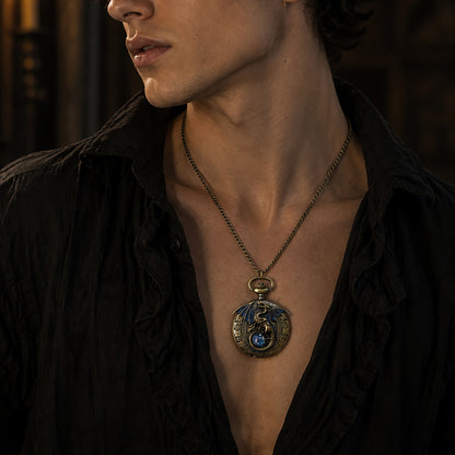 Gothic dragon fantasy pocket watch necklace on a man.