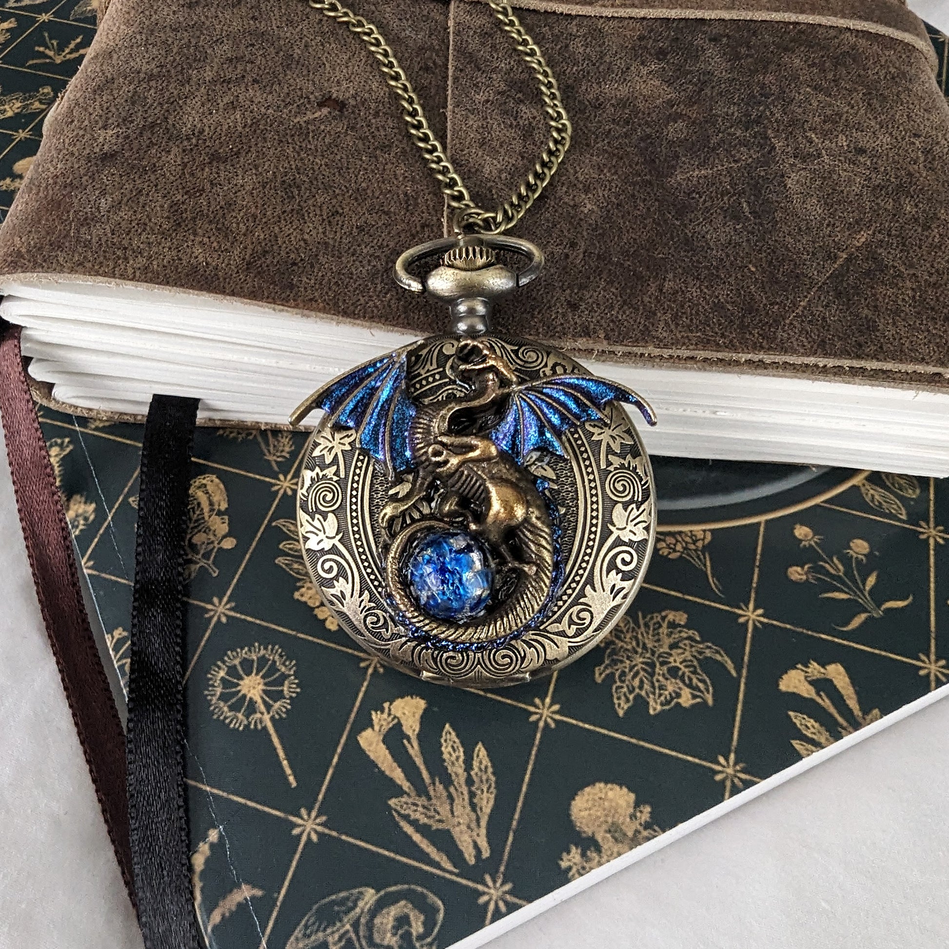 Unique Handmade Dragon Necklace Pocket Watch with Blue Opal Replica, Fantasy Jewelry, Gothic Jewelry
