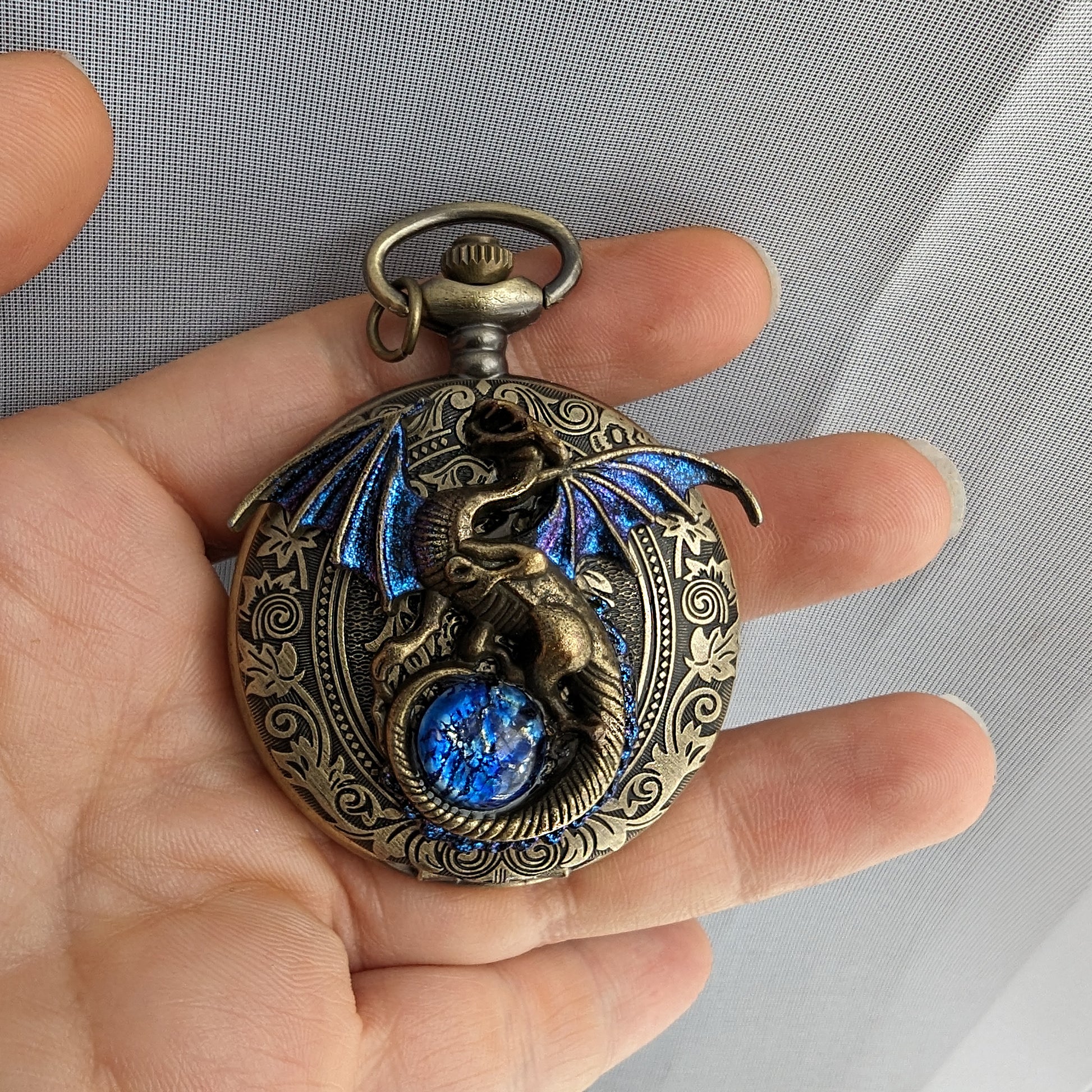 Unique Handmade Dragon Necklace Pocket Watch with Blue Opal Replica, Fantasy Jewelry, Gothic Jewelry