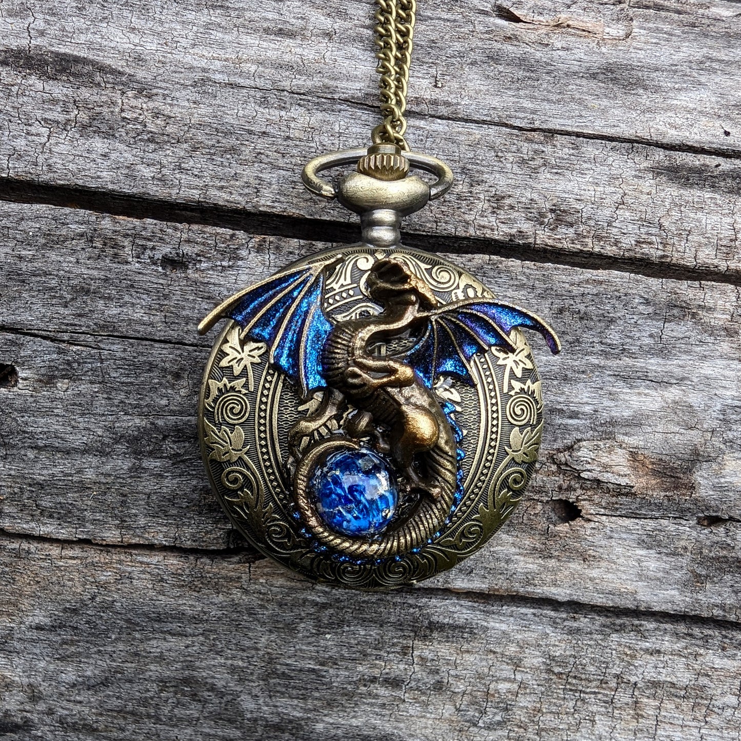 Unique Handmade Dragon Necklace Pocket Watch with Blue Opal Replica, Fantasy Jewelry, Gothic Jewelry