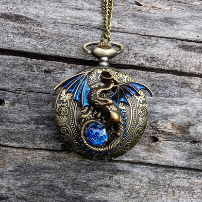 Unique Handmade Dragon Necklace Pocket Watch with Blue Opal Replica, Fantasy Jewelry, Gothic Jewelry