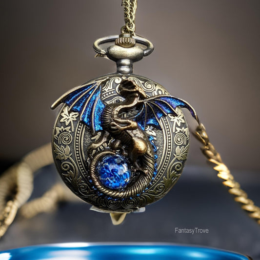 Gothic Dragon Pocket Watch Necklace with Blue Opal, Fantasy Jewelry