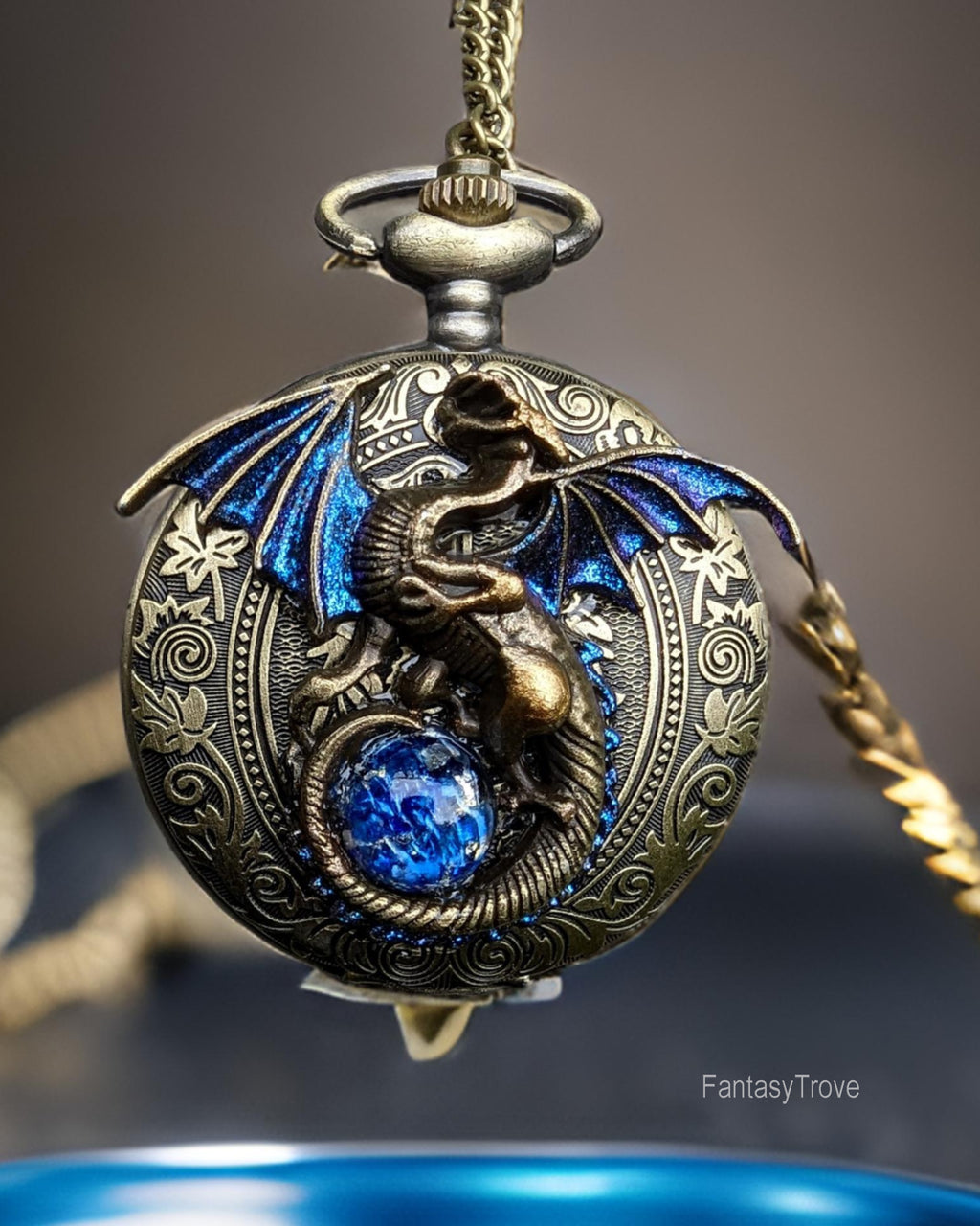 Dragon Necklace Pocket Watch with Blue Opal, Fantasy Jewelry, Dragon J