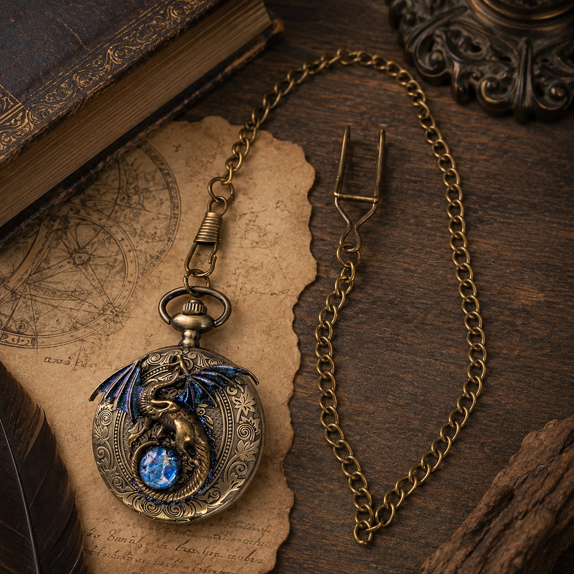 Dragon pocket watch necklace with blue opal.  Fantasy jewelry