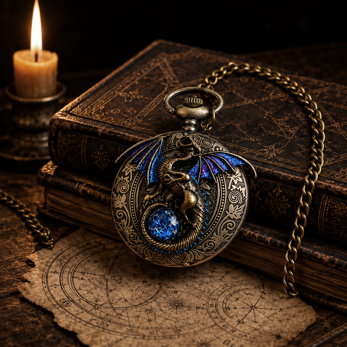 An ornate antique-style pocket watch pendant necklace featuring a detailed dragon design with blue and purple accents, resting on stacked vintage books next to a lit candle.