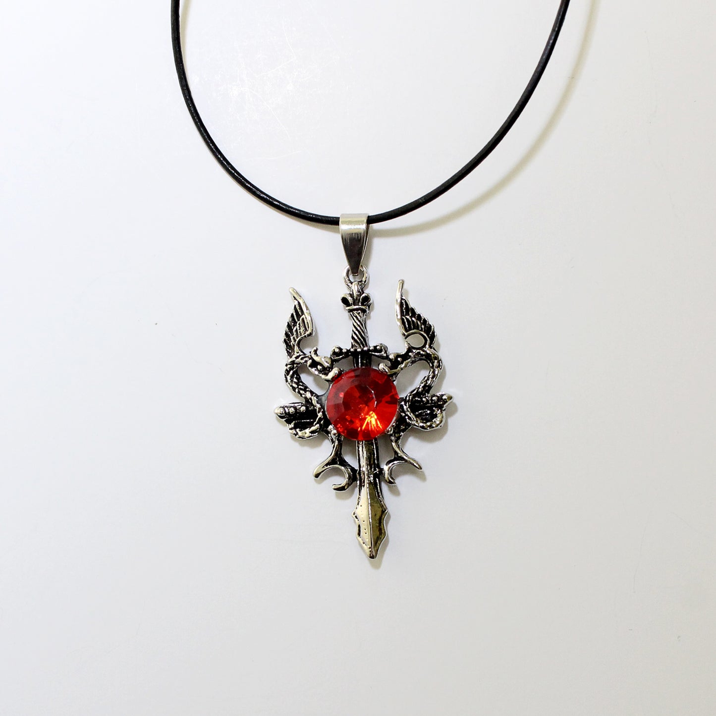 Dragon on Sword Necklace with Red Rhinestone, Dragon Jewelry, Fantasy Jewelry