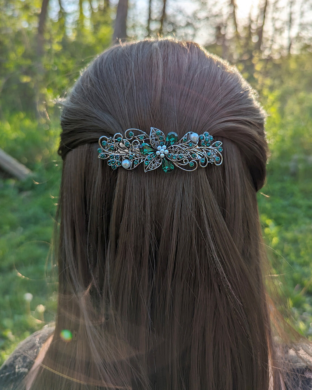 Swarovski Emerald Floral Hair Clips – Bridal & Fancy Barrettes display picture 3