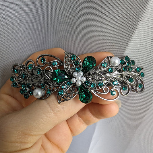 High Quality Swarovski Emerald Floral Crystal Hair Clips, Fancy Fairycore Hair Barrettes, Bridal Hair Accessories, hair barrettes for thick hair
