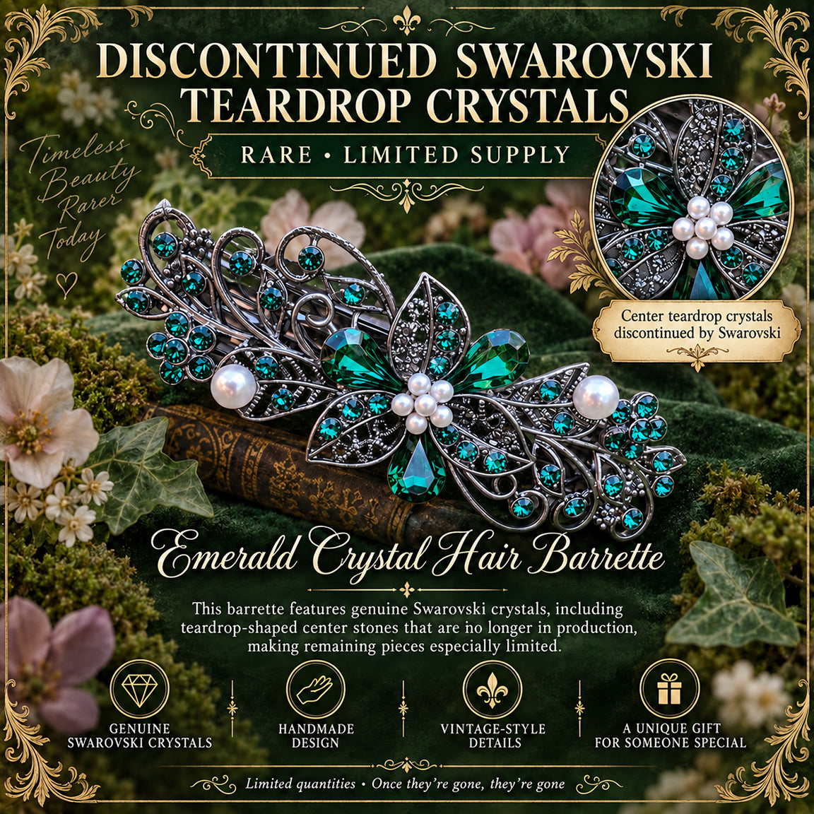 Emerald Swarovski Crystal Barrette for Thick Hair | Floral Bridal Hair Clip