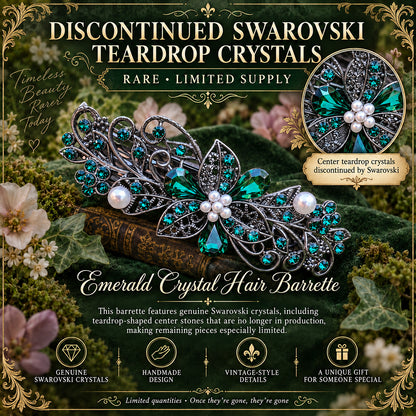 Emerald Swarovski Crystal Barrette for Thick Hair | Floral Bridal Hair Clip