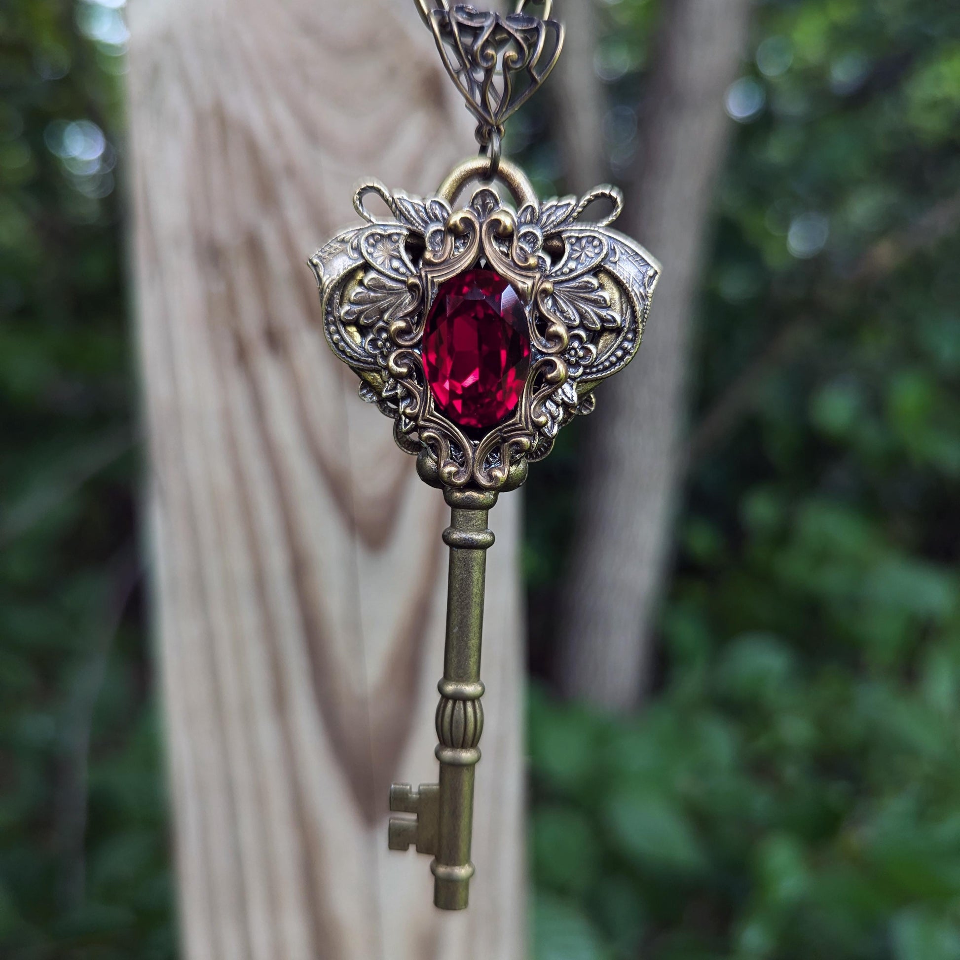 Antique Brass color Fairy Princess Fantasy Key Necklace with Vintage Red Swarovski crystal. Fantasy Jewelry.