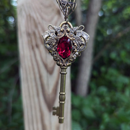 Antique Brass color Fairy Princess Fantasy Key Necklace with Vintage Red Swarovski crystal. Fantasy Jewelry.