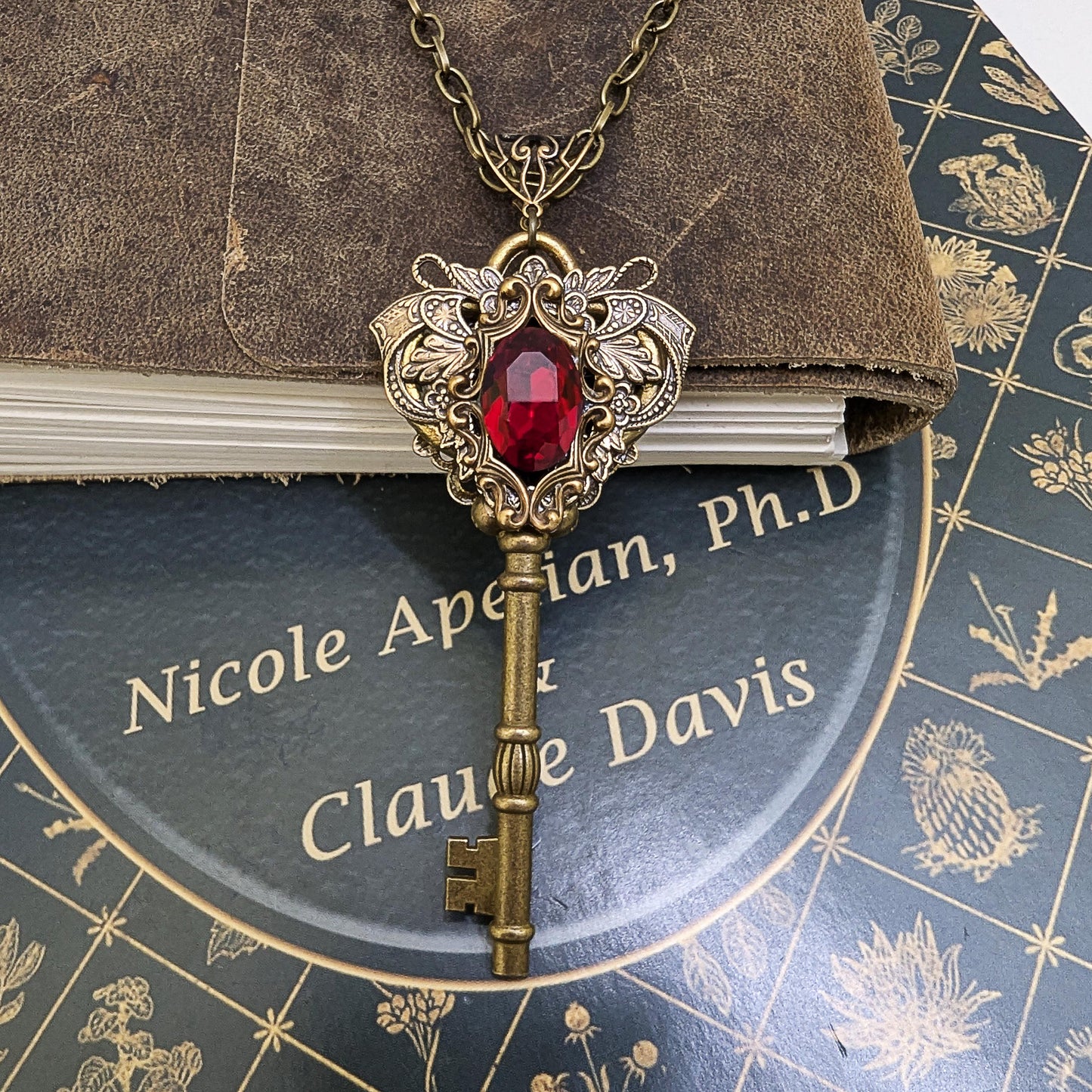 Antique Brass color Fairy Princess Fantasy Key Necklace with Vintage Red Swarovski crystal. Fantasy Jewelry.