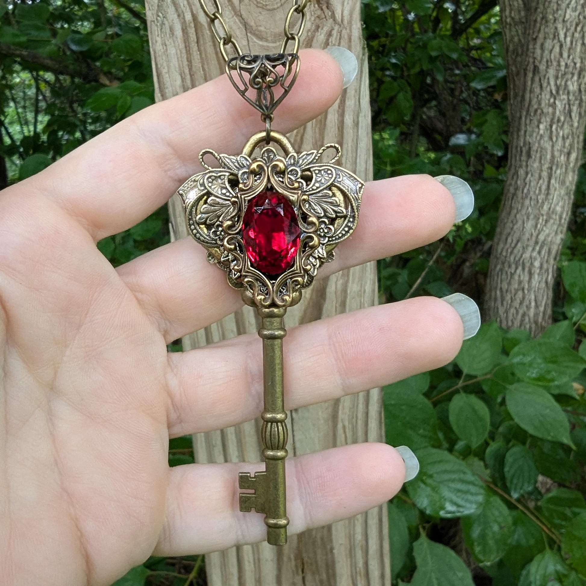 Fairy Princess Fantasy Key Necklace with Vintage Red Swarovski crystal. Fantasy Jewelry.  Magical Jewelry.