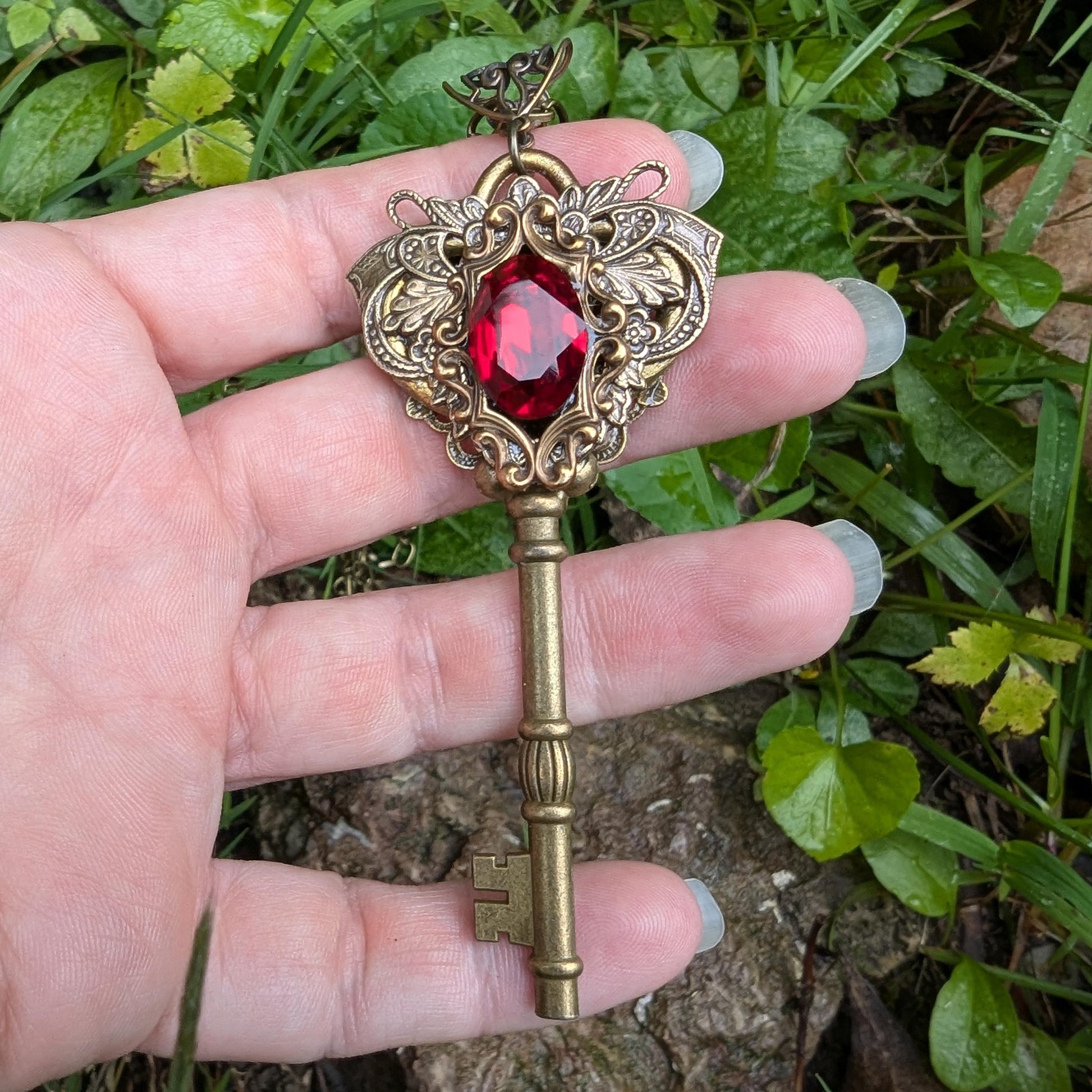 Antique Brass color Fairy Princess Fantasy Key Necklace with Vintage Red Swarovski crystal. Fantasy Jewelry.