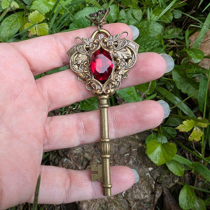Antique Brass color Fairy Princess Fantasy Key Necklace with Vintage Red Swarovski crystal. Fantasy Jewelry.