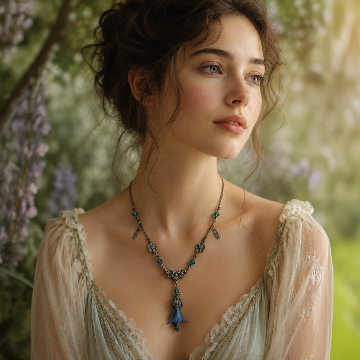 A woman in a cream lace dress wearing a fairycore necklace with a blue floral pendant and turquoise-like crystal accents, photographed outdoors against a soft blurred green and purple garden background.