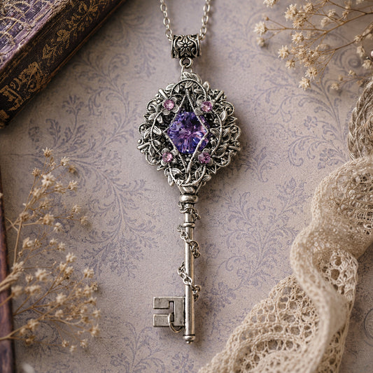 Decorative key-shaped pendant with purple gemstone on a textured surface with lace and flowers.  Fairycore Silver Key Necklace with Swarovski Crystal – Fantasy Floral Jewelry