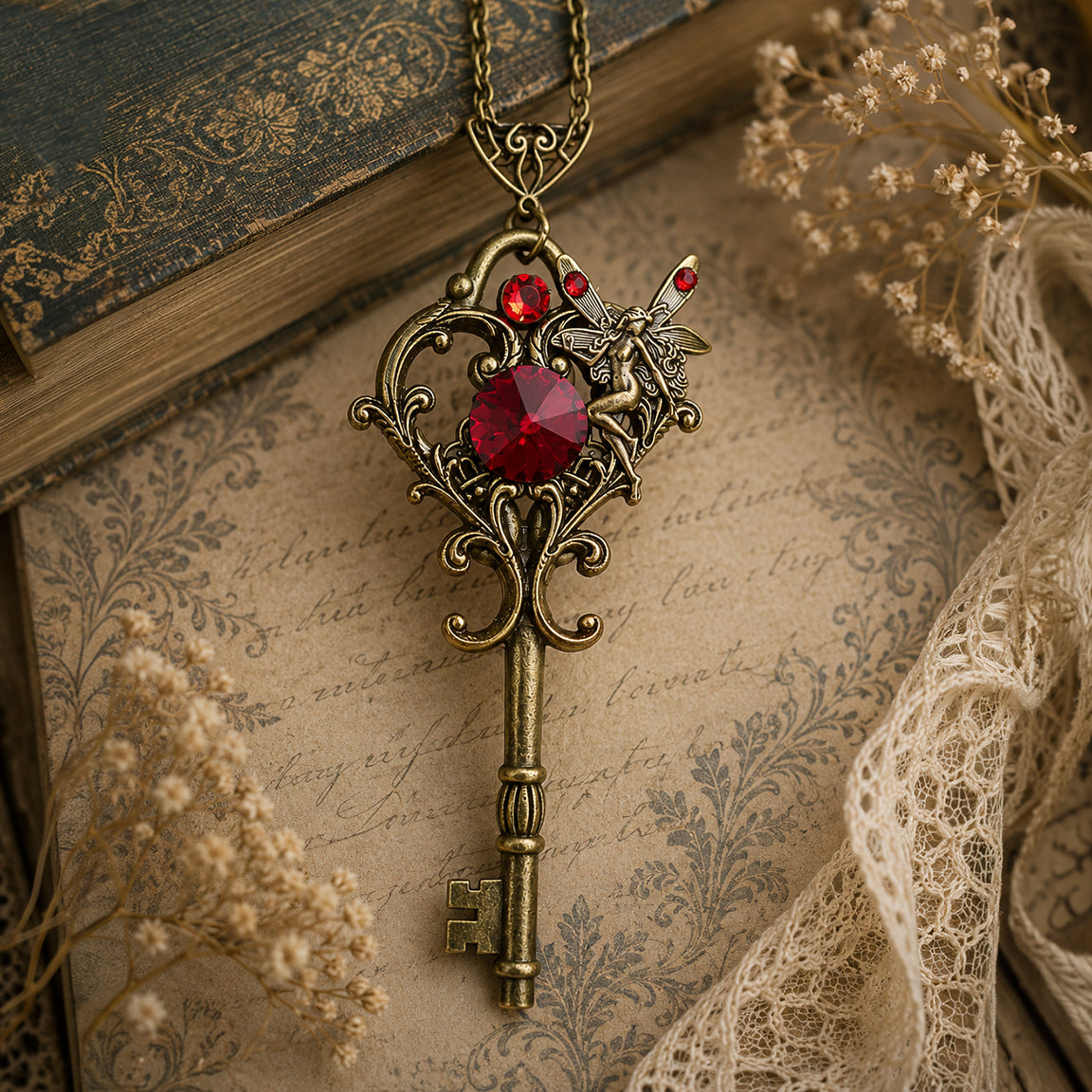 Vintage-style key-shaped pendant with red gemstones on a textured surface with lace and dried flowers.  Fantasy Fairy Key Necklace with Red Swarovski Crystal – Fairycore Jewelry