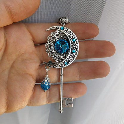 Celestial Moon Key Necklace – Fantasy Fairycore Jewelry with Blue Crystals