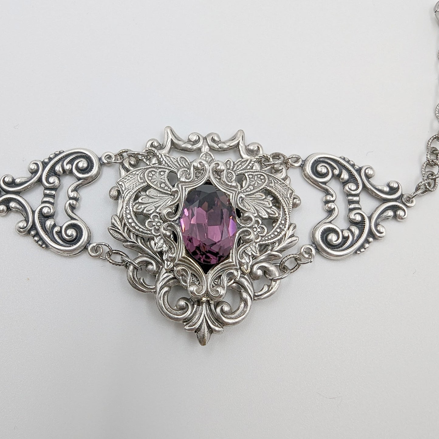 Gothic Sterling Silver Amethyst Fantasy Bracelet.  Vintage Amethyst bracelet.