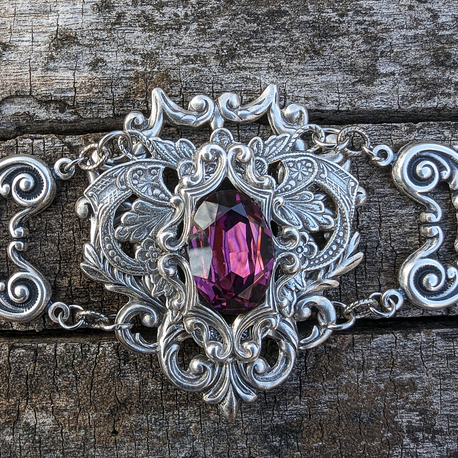 Gothic Sterling Silver Amethyst Fantasy Bracelet.  Vintage Amethyst bracelet.