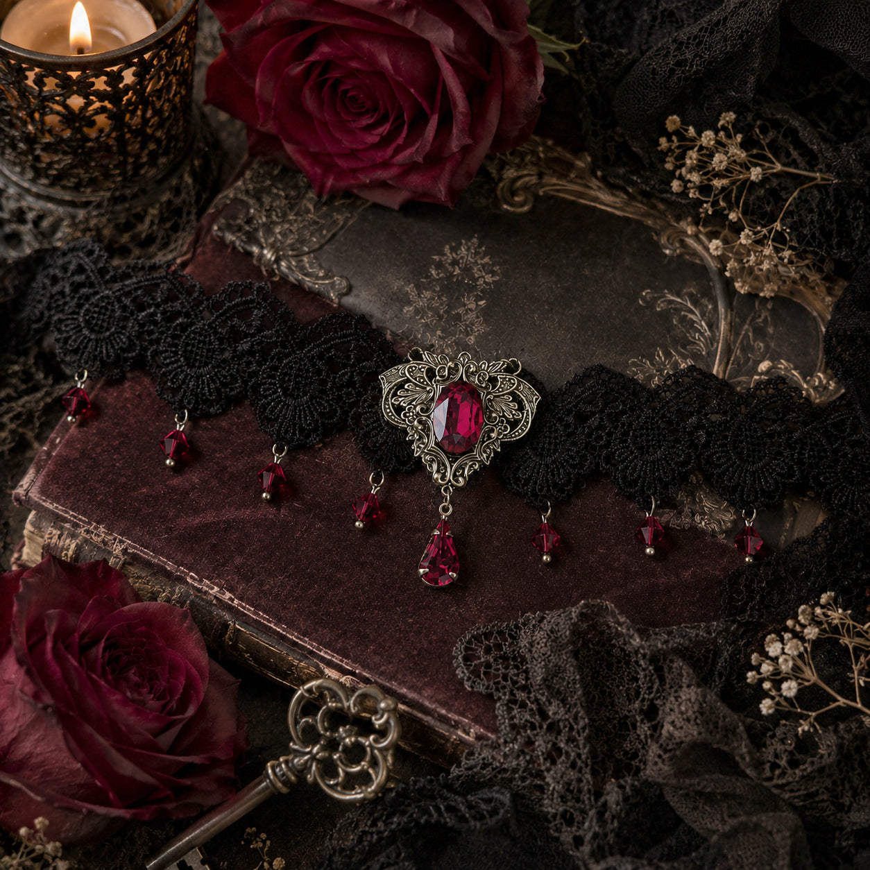 Gothic-style lace choker jewelry with red Swarovski gemstones on a dark surface with roses and a candle