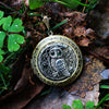 Owl on moon locket necklace with emerald Swarovski rhinestones.  Owl jewelry.