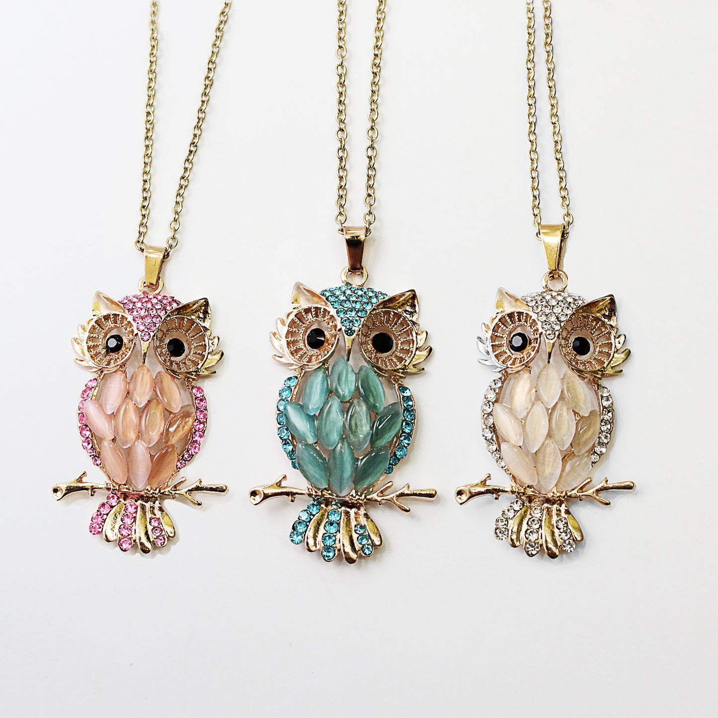 Pink, Blue and Champagne Owl Necklaces – Animal Jewelry