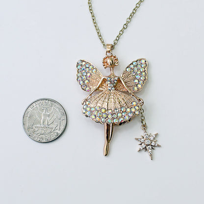 Gold Fairy Princess Ballerina Necklace with Wand Charm