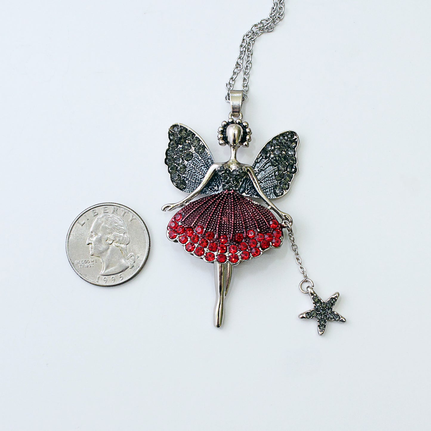 Silver Magical Fairy Ballerina Necklace in Red, Green or Blue