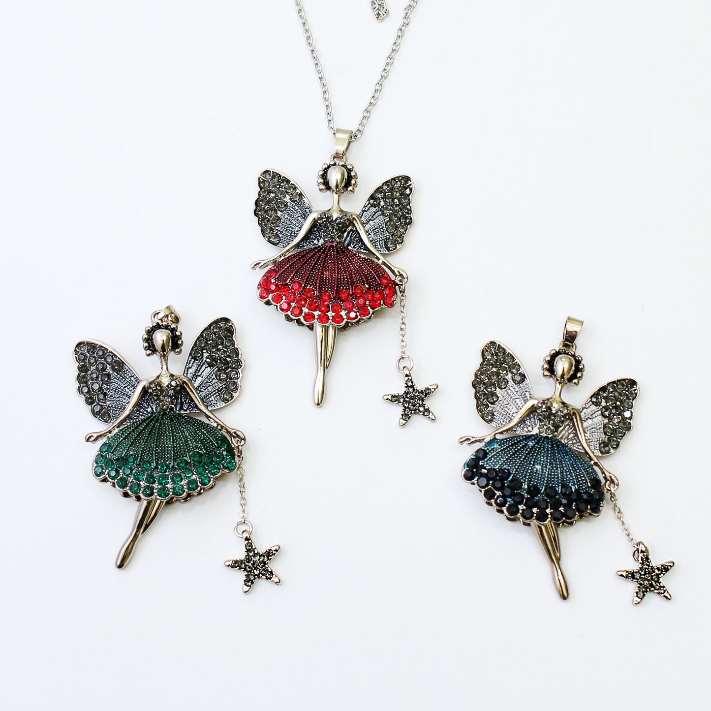 Silver Magical Fairy Ballerina Necklace in Red, Green or Blue