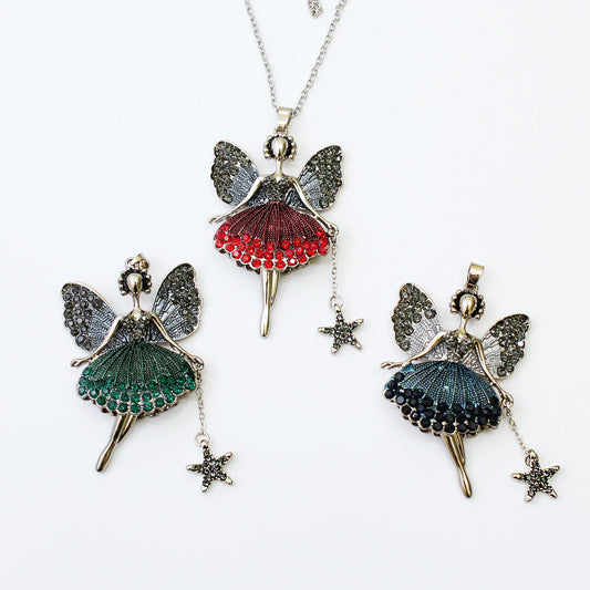 Silver Magical Fairy Ballerina Necklace in Red, Green or Blue