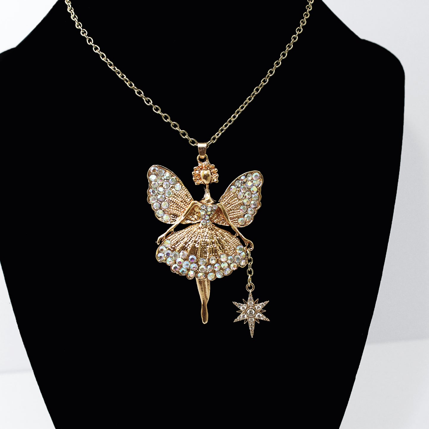 Gold Fairy Princess Ballerina Necklace with Wand Charm