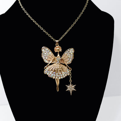 Gold Fairy Princess Ballerina Necklace with Wand Charm